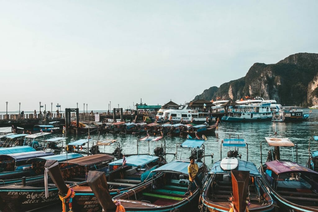 longtail boats at koh phi phi pier
