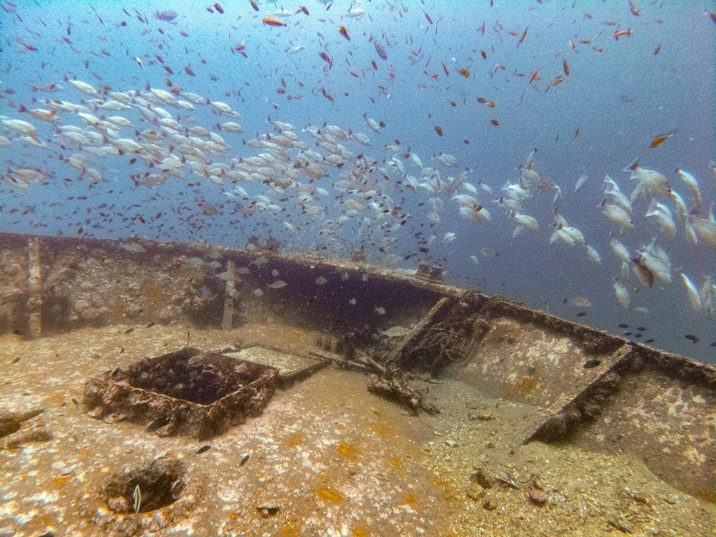 top deck of Kled Gaeow Wreck with fish shoals