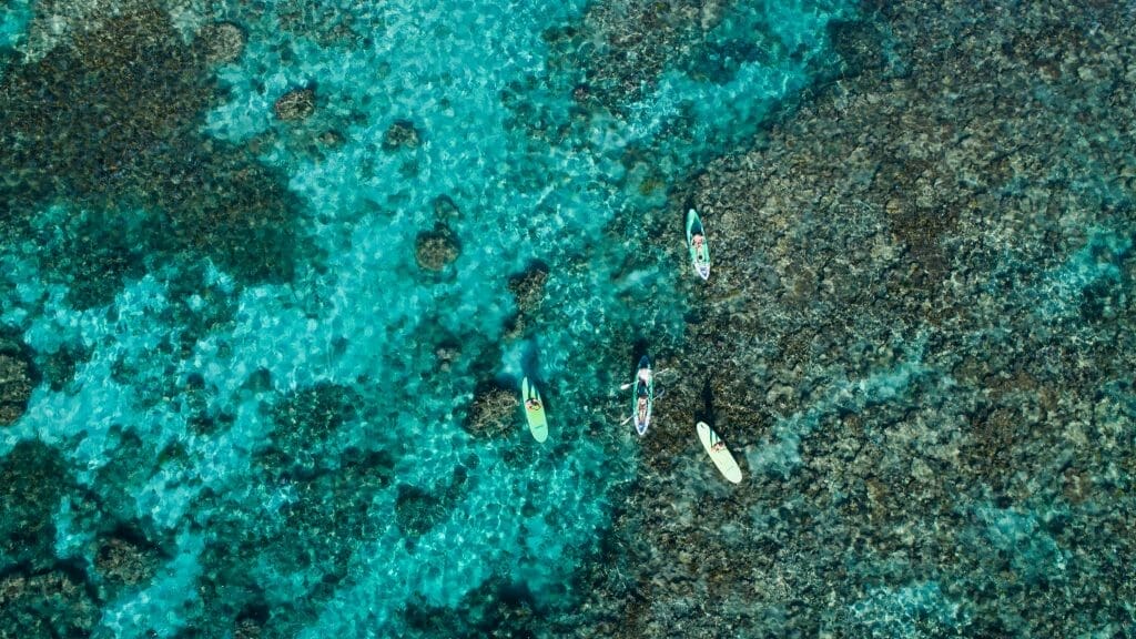 aerial shot of small boats in ningaloo reef