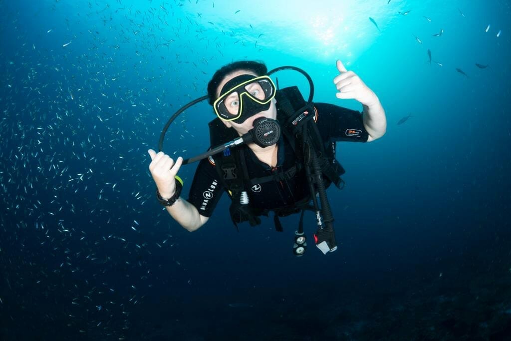 Selfie of a happy scuba diver in Roatan