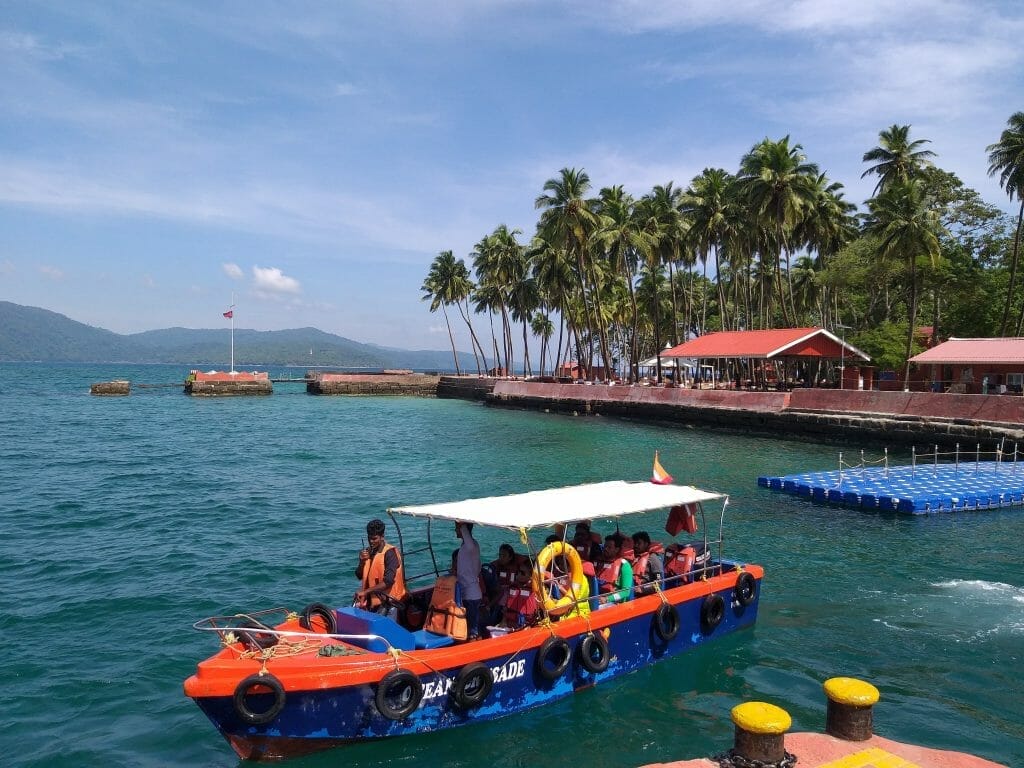 Pier and boat arriving at Ross Island, Andaman