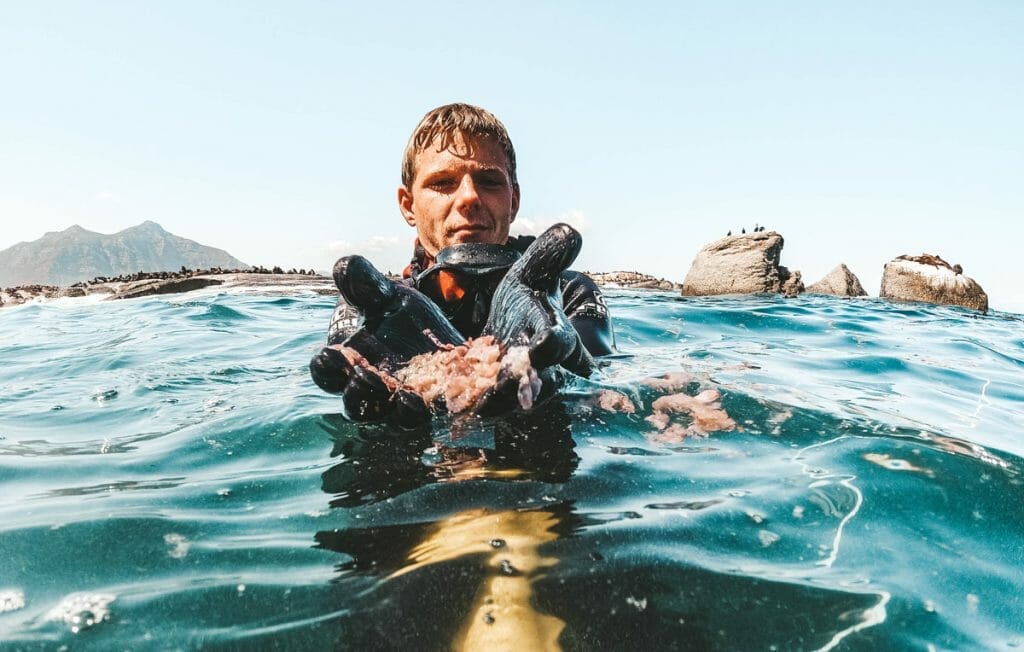Snorkeling guide holding pink seal poop