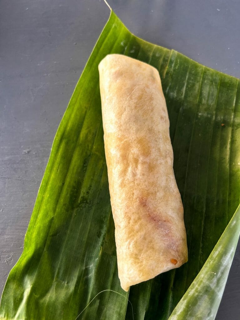 Breakfast wrap on a banana leaf